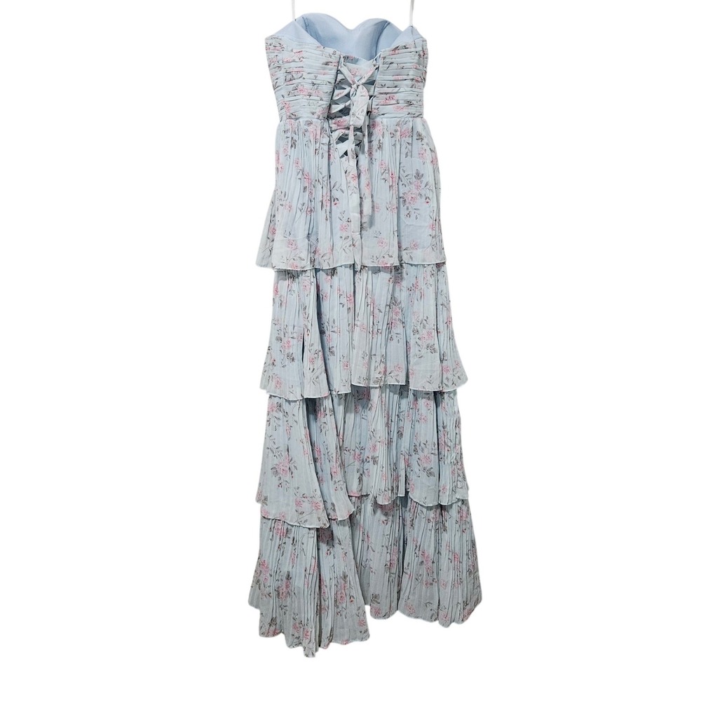 Lulus Light Blue Floral Tiered Lace Up Back Strapless Maxi Dress Gown - Picture 6 of 10